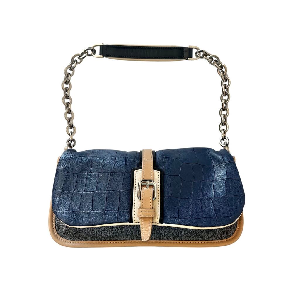 Longchamp More Is More Blue Croc Stingray Leather Chain Flap Shoulder Bag